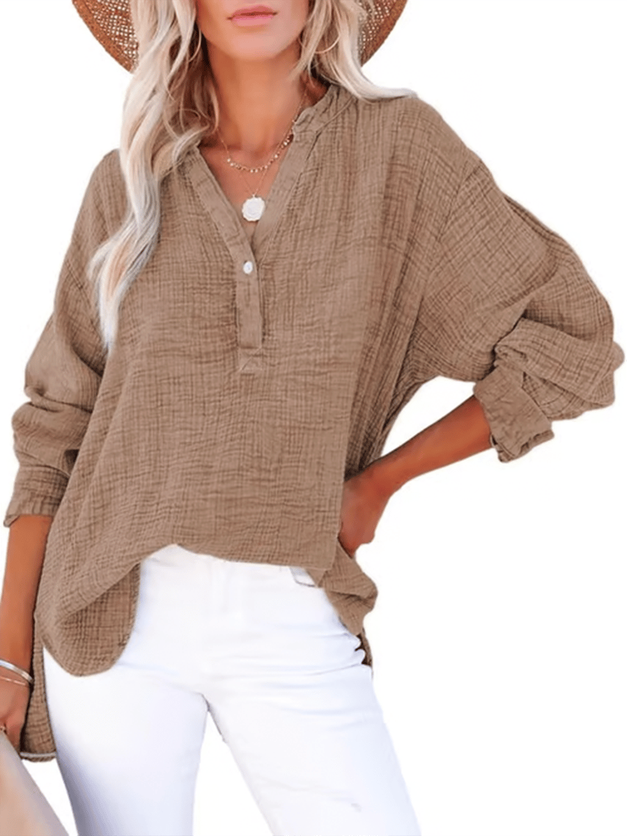 🔥Womens Casual Button V Neck Long Sleeve Shirts Oversized Solid Blouses Tops