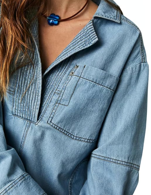 ๐ Chic & Comfy Denim Pullover โ Button V-Neck + Pockets for Everyday Style! ๐โจ