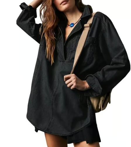 ๐ Chic & Comfy Denim Pullover โ Button V-Neck + Pockets for Everyday Style! ๐โจ