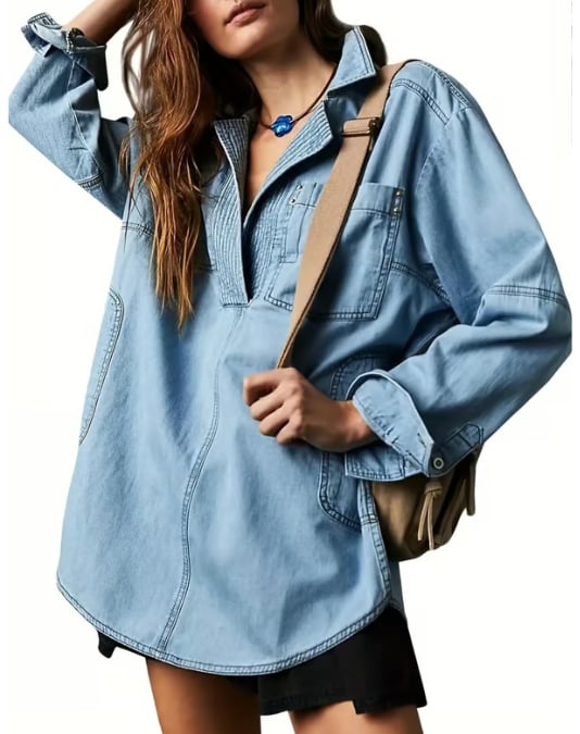 ๐ Chic & Comfy Denim Pullover โ Button V-Neck + Pockets for Everyday Style! ๐โจ