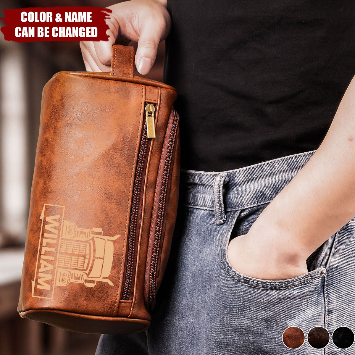 Personalized Gifts For Semi Truck Lovers Leather Toiletry Bag
